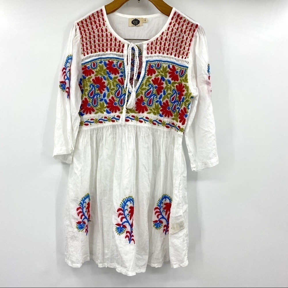 Embroidered boho tunic top with tassel ties S
